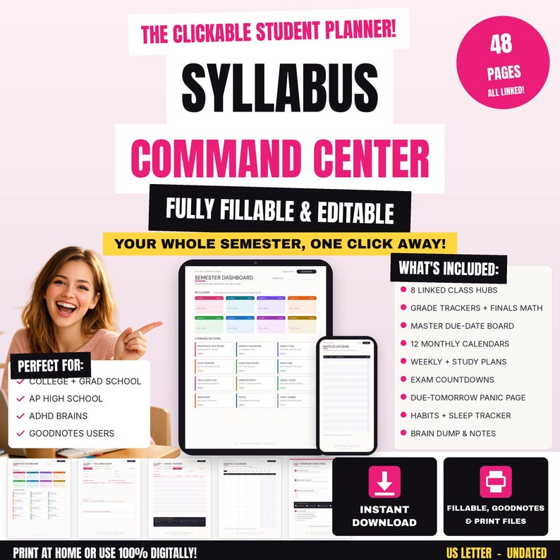 The image is an advertisement for a student planner called SYLLABUS COMMAND CENTER. It features a smiling woman pointing at the plan, along with various sections of the planner and a list of features.