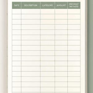 an open notebook with a blank expense tracking form. The form has columns for date, description, category, amount, and payment method.