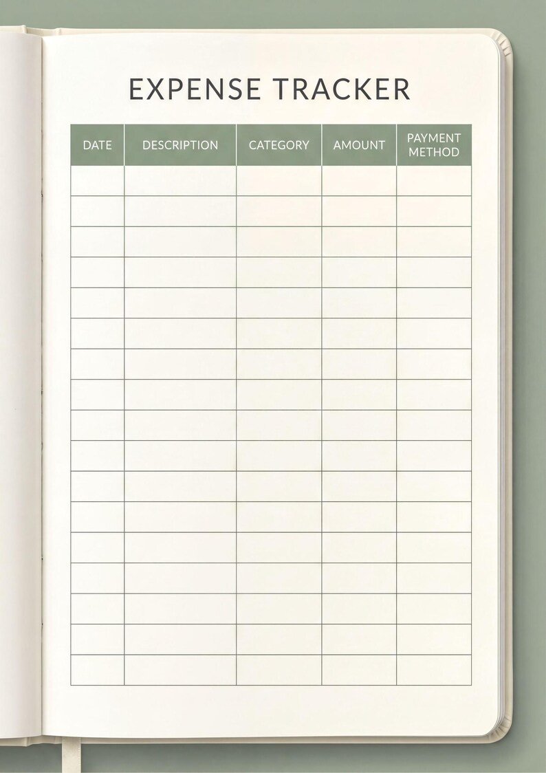 an open notebook with a blank expense tracking form. The form has columns for date, description, category, amount, and payment method.