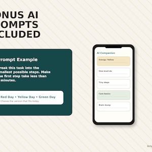 The image includes a prompt box and a smartphone displaying a list of prompts, both of which are included in the image.