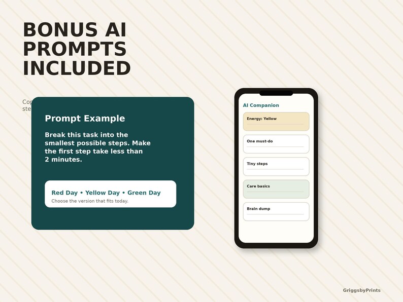 The image includes a prompt box and a smartphone displaying a list of prompts, both of which are included in the image.
