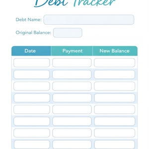 The image is a Debt Tracker form with blank fields for entering information about a person's debt.