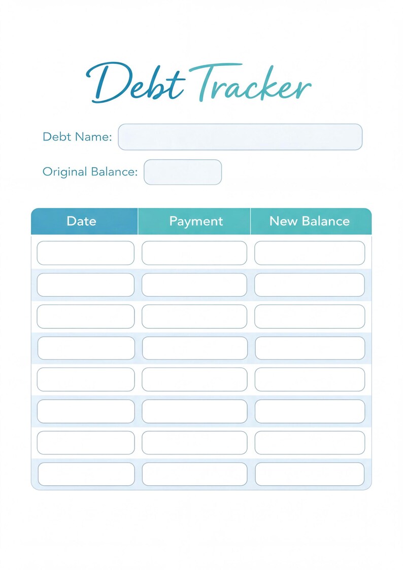 The image is a Debt Tracker form with blank fields for entering information about a person's debt.