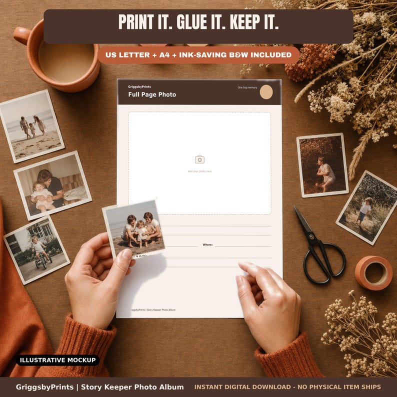 a person's hands holding a small photo frame, surrounded by various items such as a coffee cup, flowers, and a pair of scissors. The scene appears to be a creative workspace or a photo album-making area.