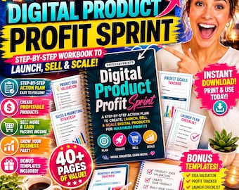 Arbeitsbuch für digitale Produkte (druckbar), Etsy-Verkäuferleitfaden, Gewinnplaner, Checkliste für den Produktstart, PDF für passives Einkommen