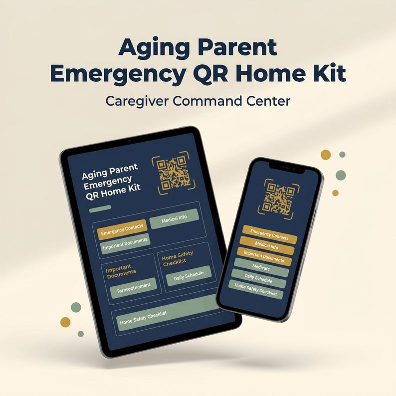 The image is a promotional graphic for an emergency QR home kit designed for aging parents. It features a tablet and a smartphone displaying the kit's features, including an emergency contact form, medical information, and a home safety checklist.
