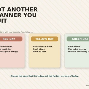 The image is a graphic with three different colored squares, each representing a different day of the week. The text above the squares reads "NOT another PLANNER YOU QUIT".