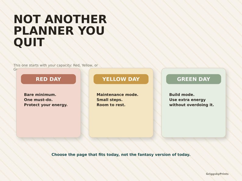 The image is a graphic with three different colored squares, each representing a different day of the week. The text above the squares reads "NOT another PLANNER YOU QUIT".