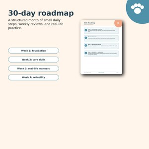 The image is a structured 30-day roadmap for a skill development program. It includes a structured month of small daily steps, weekly reviews, and real-life practice.