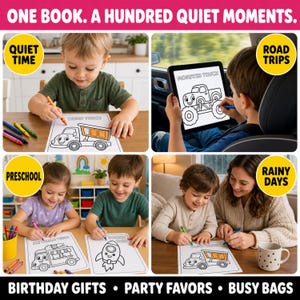 The image is a collage of four photos depicting children engaged in various activities, such as drawing, coloring, and playing with toys.