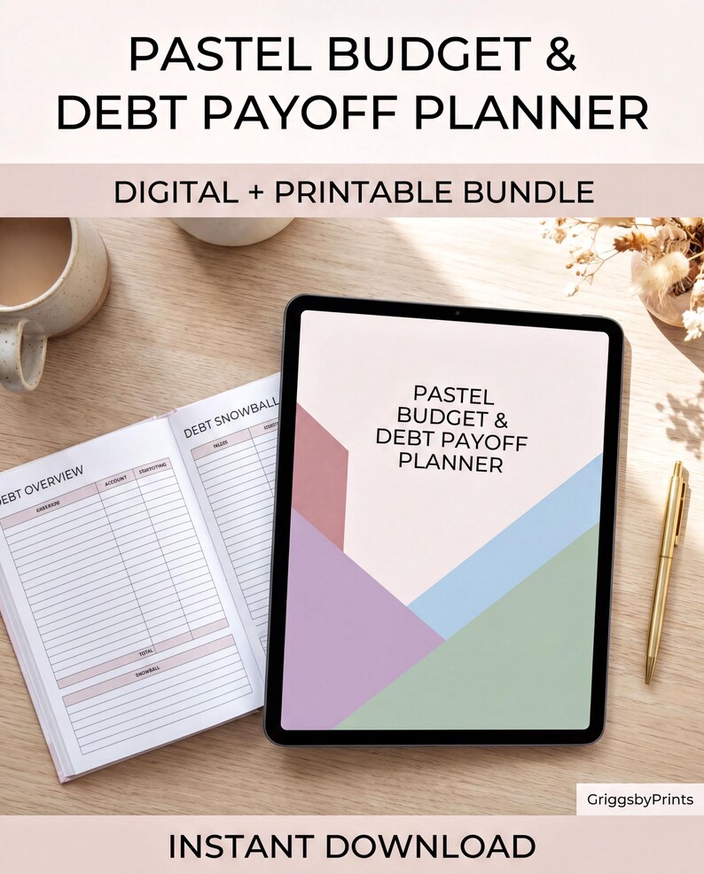 a digital and printable budget and Debt Payoff Planner bundle, including a tablet, a notebook, and a pen, all arranged on a wooden surface.