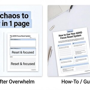 The image is a split-style collage with two sections. The left section is titled "Before Overwhelm" and the right section is titled "After Overwhelm". The left section shows a cluttered desk with papers, a pen, and a cup, while the right section displays a clean, organized desk with a focus on a "How-To / Guide Page" for using the ADHD Focus Reset System.