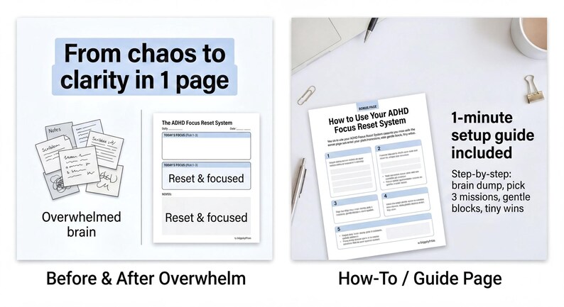The image is a split-style collage with two sections. The left section is titled "Before Overwhelm" and the right section is titled "After Overwhelm". The left section shows a cluttered desk with papers, a pen, and a cup, while the right section displays a clean, organized desk with a focus on a "How-To / Guide Page" for using the ADHD Focus Reset System.