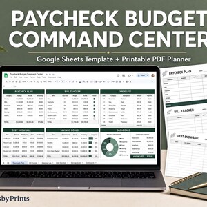 a laptop with a Google Sheets template and a "Paycheck Budget Command Center" software program, along with a notebook and a pen, all set up on a desk.