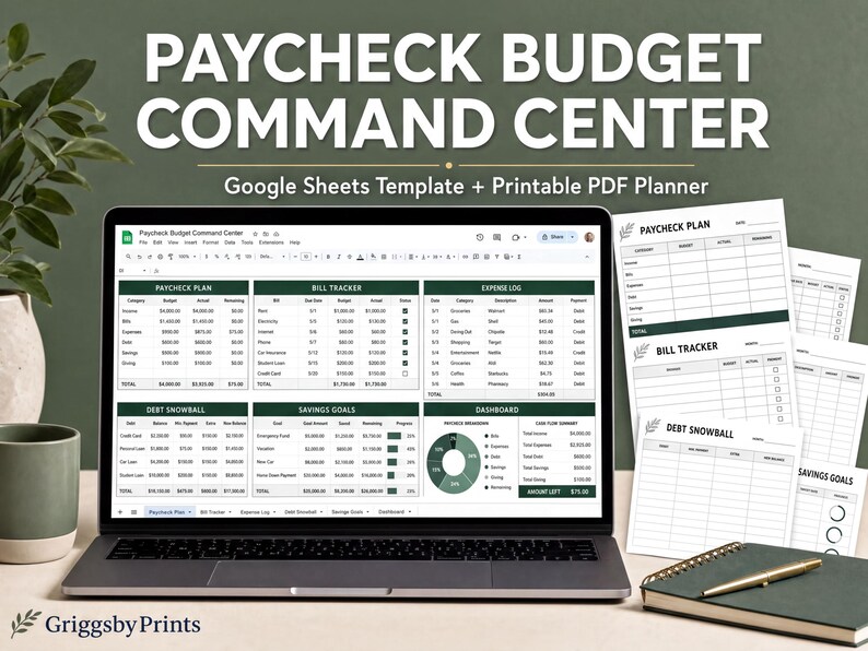 a laptop with a Google Sheets template and a "Paycheck Budget Command Center" software program, along with a notebook and a pen, all set up on a desk.
