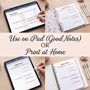 The image is a collage of four photos showing a person using an iPad to view and interact with a budget planner, as well as a person using a notebook to write in a budget plan. The text overlay encourages the use of both iPad and notebook for budget planning, suggesting that the iPad can be used for viewing and inputting information, while the notebook can be used for writing down notes and ideas.