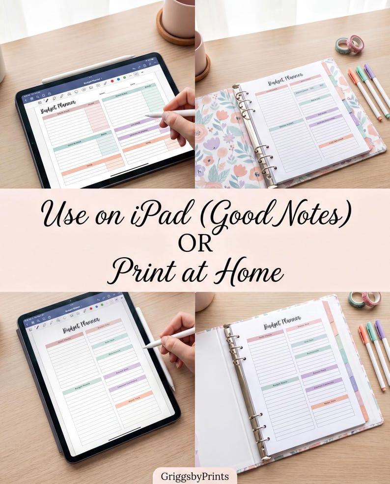 The image is a collage of four photos showing a person using an iPad to view and interact with a budget planner, as well as a person using a notebook to write in a budget plan. The text overlay encourages the use of both iPad and notebook for budget planning, suggesting that the iPad can be used for viewing and inputting information, while the notebook can be used for writing down notes and ideas.