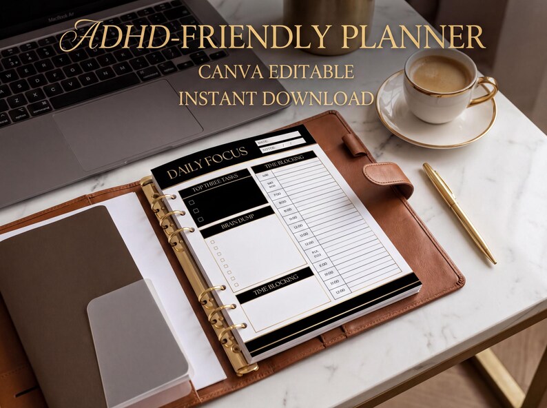a desk with a laptop, a notebook, a cup of coffee, and a pen. The notebook appears to be a daily focus planner, and the laptop is open, suggesting that the user might be working or studying.