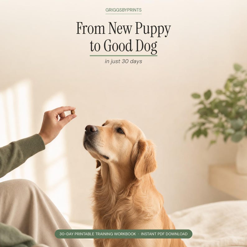 a golden retriever dog sitting on a bed, with a person's hand holding out a treat for the dog. The background includes a plant and a window, creating a cozy and homey atmosphere.