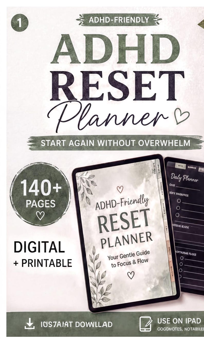 The image is an advertisement for an ADHD-friendly reset planner. It features a digital printout of the reset plan and includes a list of features such as 140+ pages, a daily planner, and a gentle guide to focus and flow. The image also includes a list of benefits, such as a gentle guide to focus and flow, and a digital printout. The text emphasizes that the reset plan is ADHD-friendly and encourages starting again without overwhelm.