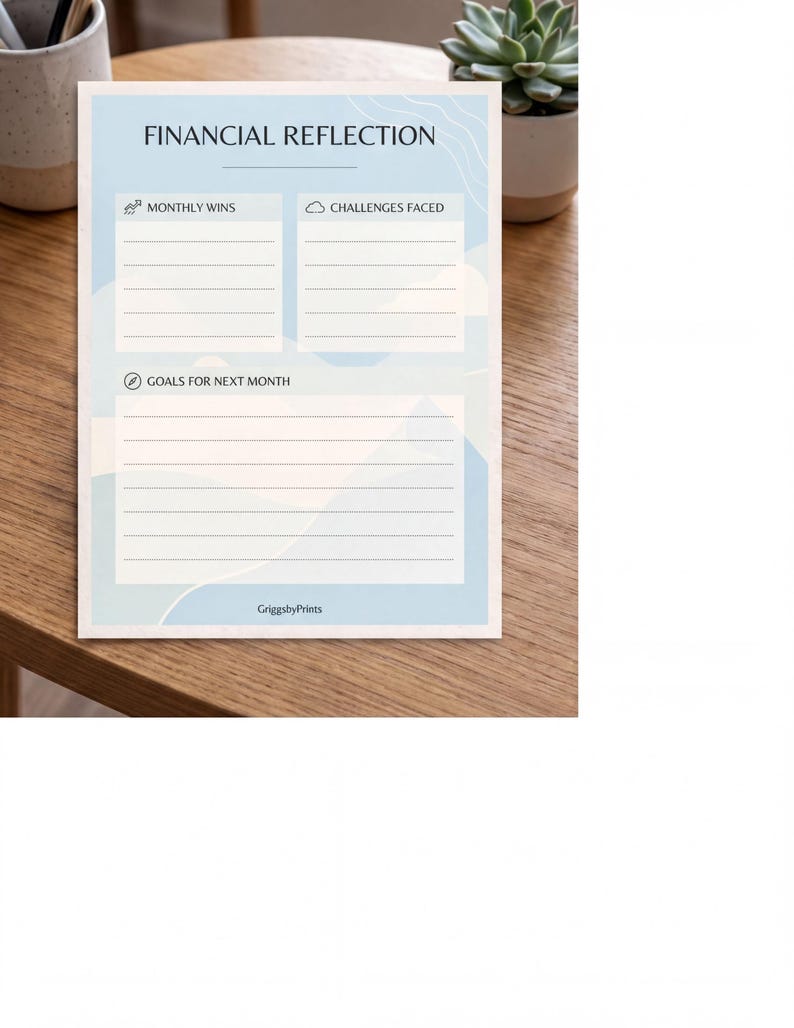a financial reflection form with blank spaces for recording monthly wins and challenges faced. The form is placed on a wooden table, with a potted plant and a cup visible in the background.