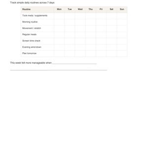 The image is a simple routine tracker that helps individuals with ADHD manage their daily routines by tracking seven daily routines across seven days.