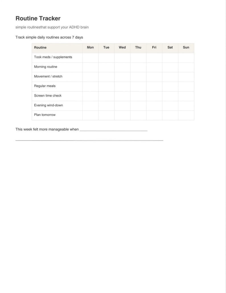 The image is a simple routine tracker that helps individuals with ADHD manage their daily routines by tracking seven daily routines across seven days.
