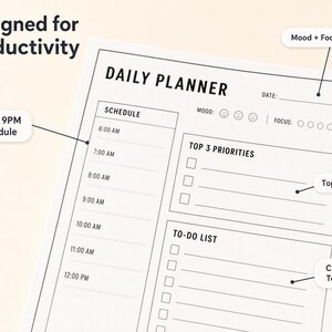 a daily planner designed for productivity, with a schedule and a to-do list. The planner includes a 6AM - 9PM schedule and a "Top 3 Priorities" section for organizing tasks. The "Top 3 Priorities" section has checkboxes for each task, and the "To-Do List" section has a checkbox for the "To-Do List" section. The image also includes a "Mood + Focus Tracker" section, which is a feature that allows the user to track their mood and focus throughout the day.