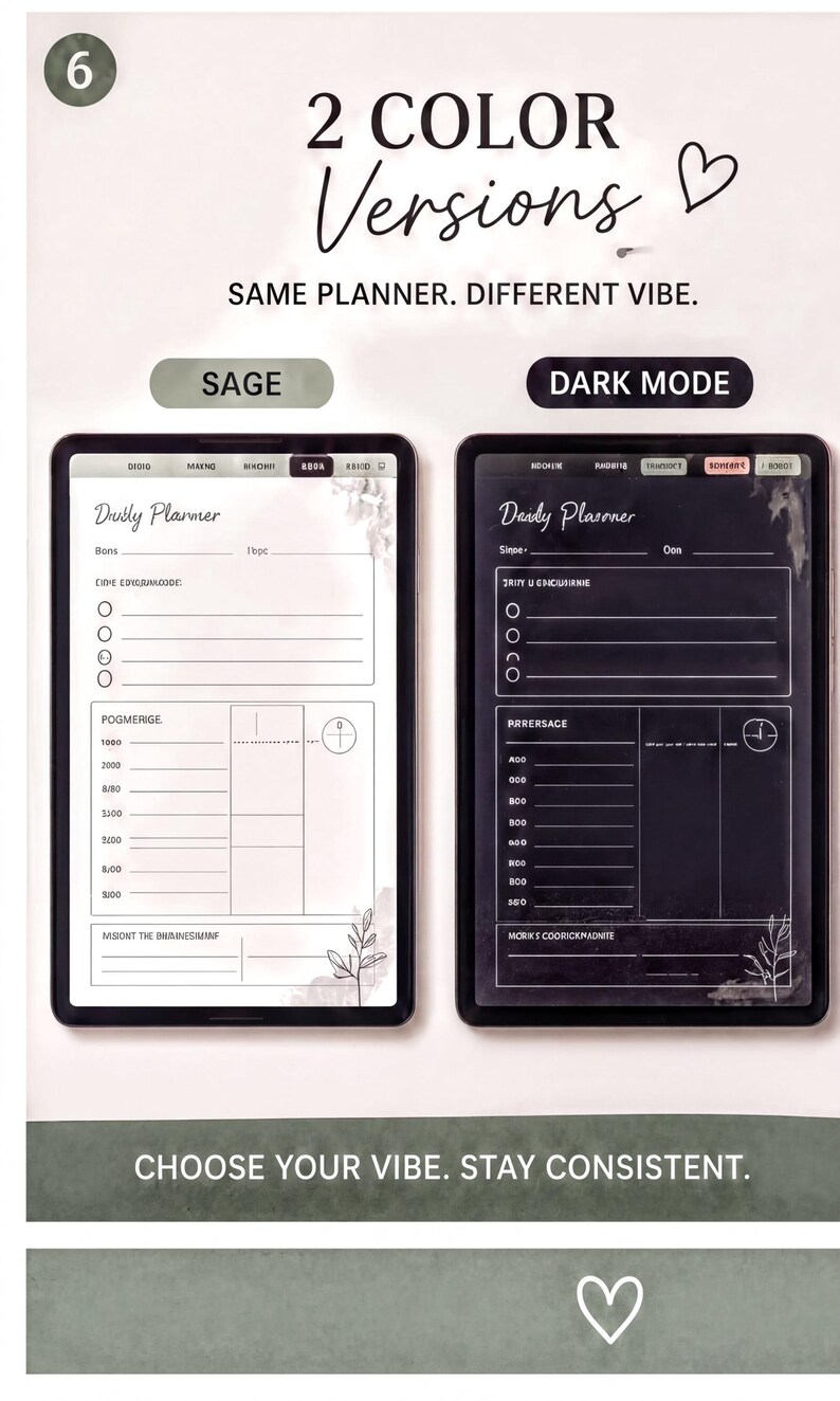 two different versions of a daily planner, each with a distinct color scheme and layout. The text above the image reads "2 COLOR VERSIONS SAME PLANNER. DIFFERENT VIBE." The planners are labeled "SAGE" and "DARK MODE" respectively. The bottom of the image encourages the viewer to "CHOOSE YOUR VIBE. STAY CONSISTENT."