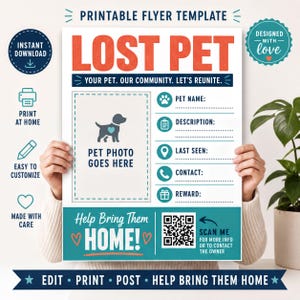 a person holding up a "Lost Pet" flyer template, which includes a photo of a dog and various sections for information about the lost pet.