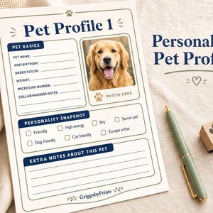 a sheet of paper with a personalized pet profile form, including a photo of a golden retriever dog. The form has multiple fields for the pet's name, age, birthday, breed, color, weight, microchip number, collar/harness notes, and personality snapshot. A pen and a stamp are also present on the table.
