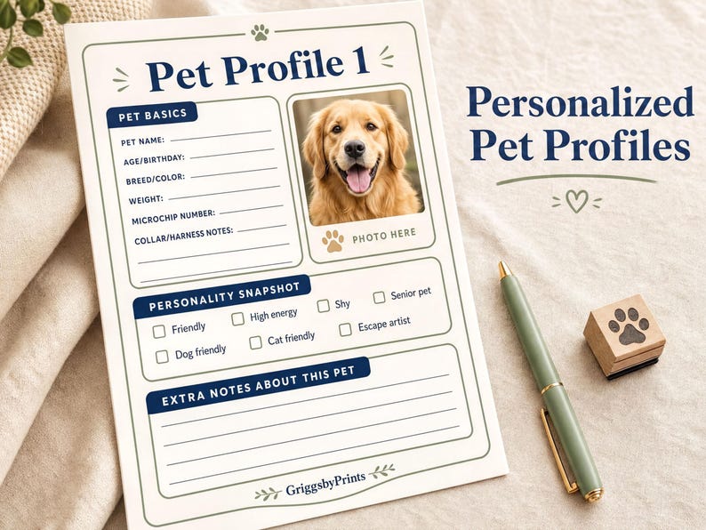 a sheet of paper with a personalized pet profile form, including a photo of a golden retriever dog. The form has multiple fields for the pet's name, age, birthday, breed, color, weight, microchip number, collar/harness notes, and personality snapshot. A pen and a stamp are also present on the table.