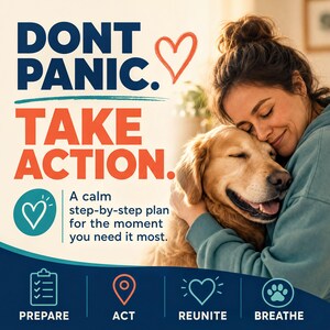 The image is a collage of four images depicting a woman hugging a dog, with a message encouraging the viewer to take action.