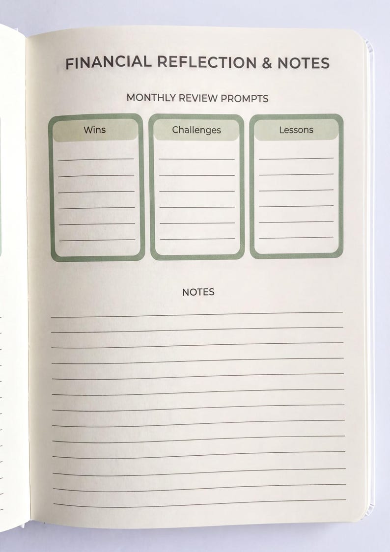 a notebook page with a title "Financial Reflection & Notes" and three columns labeled " Wins", "Challenges", and "Lessons". The page has blank lined pages for writing down notes or reflections related to financial matters.