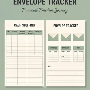 The image is a promotional poster for a cash stuffing and envelope tracker. It features two pages with blank forms for tracking cash stuffing and envelope spending. The text on the poster encourages people to start their financial freedom journey today.