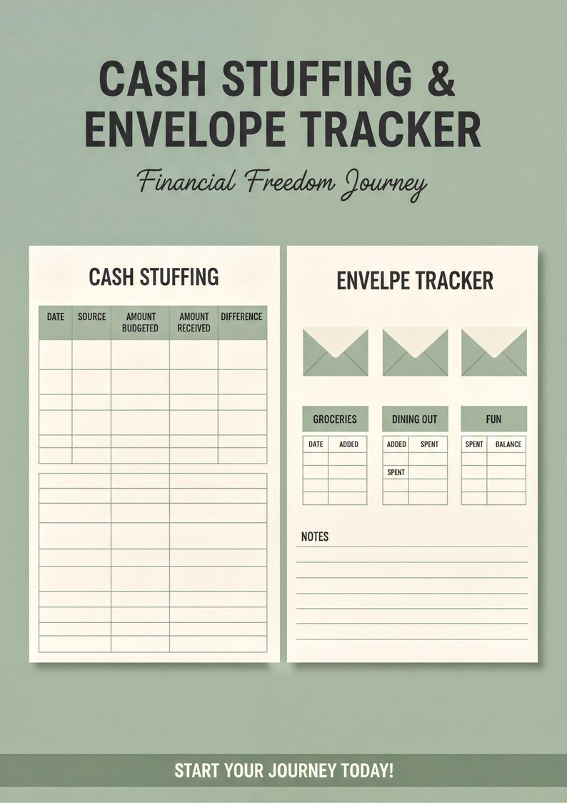 The image is a promotional poster for a cash stuffing and envelope tracker. It features two pages with blank forms for tracking cash stuffing and envelope spending. The text on the poster encourages people to start their financial freedom journey today.
