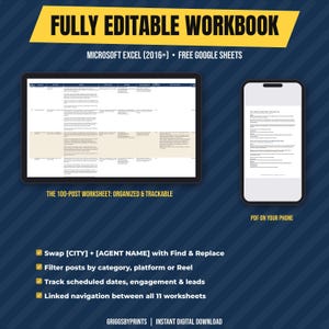 The image is a promotional poster for a fully editable workbook that includes Microsoft Excel 2016 and Google sheets. The workbook is organized into six trackable worksheets, and it offers various features such as filtering posts by category, platform, or Reel, tracking scheduled dates, engagement, and leads, and linked navigation between all 11 worksheets. The workbook is available for download as a PDF on your phone.