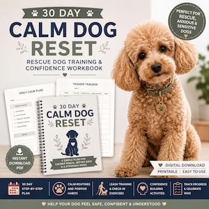 The image is an advertisement for a 30-day dog training and confidence workbook called "Calm Dog Reset". It features a small brown dog sitting on a wooden surface, with a book and a dog training collar visible. The book has a cover that includes a dog and the title "Calm Dog Reset". The text on the image highlights the book's features, such as a 30-day training plan, a trigger tracker, and a confidence workbook.