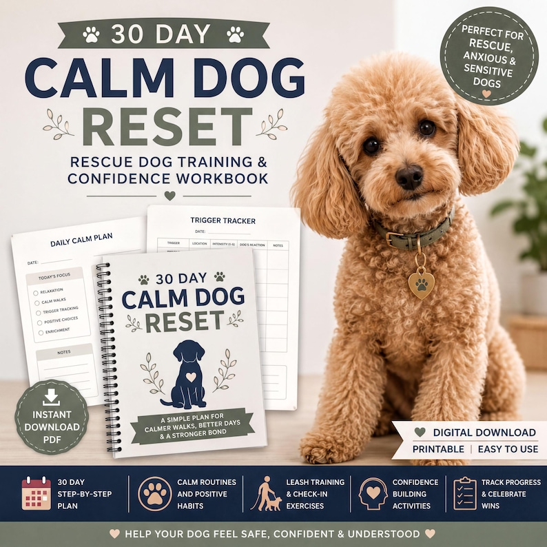 The image is an advertisement for a 30-day dog training and confidence workbook called "Calm Dog Reset". It features a small brown dog sitting on a wooden surface, with a book and a dog training collar visible. The book has a cover that includes a dog and the title "Calm Dog Reset". The text on the image highlights the book's features, such as a 30-day training plan, a trigger tracker, and a confidence workbook.