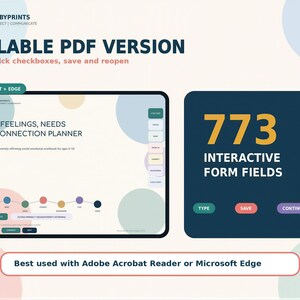 The image is a promotional graphic for a Fillable PDF version of a cognitive empathy tool, highlighting its interactive form fields and the ability to type, click checkboxes, save and reopen. It also mentions that the tool is best used with Adobe Acrobat Reader or Microsoft Edge.