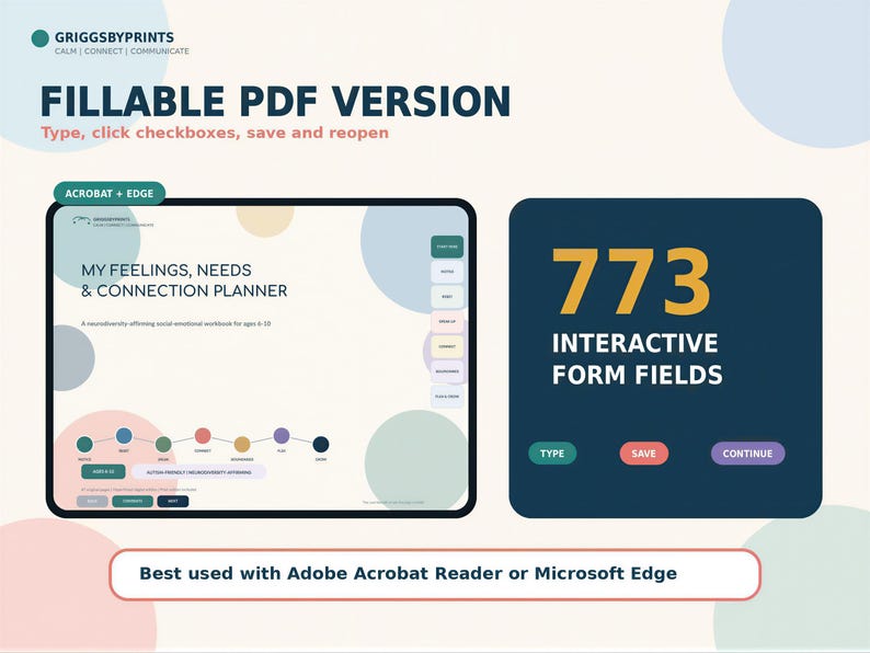 The image is a promotional graphic for a Fillable PDF version of a cognitive empathy tool, highlighting its interactive form fields and the ability to type, click checkboxes, save and reopen. It also mentions that the tool is best used with Adobe Acrobat Reader or Microsoft Edge.