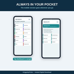 The image is a collage of two smartphone screens displaying a medication management app. The app allows users to navigate to the dashboard and access various features such as medication lists, medication history, and medication reminders. The app also provides options for medication alerts, daily schedules, and emergency cards. The app is designed to be accessible and user-friendly, allowing users to easily manage their medication needs while on the go.