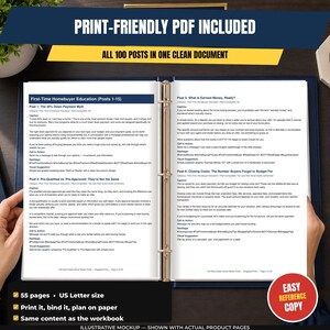 The image is a promotional poster for a book titled "Print-Friendly PDF Included" that provides a comparison of two different types of homebuyer education materials. The book is available in both US and Canadian languages and includes a clean, organized layout with a clean, professional design.