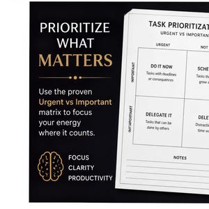 The image is a poster with a title "PRIORITIZE WHAT MATTERS" and a visual representation of a task prioritization tool. The poster includes text and a brain icon, suggesting it is a visual aid for organizing tasks and focusing energy on important tasks.