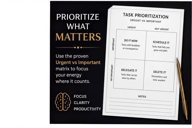 The image is a poster with a title "PRIORITIZE WHAT MATTERS" and a visual representation of a task prioritization tool. The poster includes text and a brain icon, suggesting it is a visual aid for organizing tasks and focusing energy on important tasks.