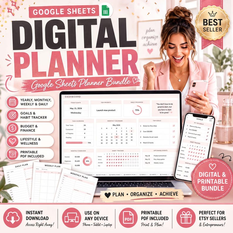 The image is a promotional advertisement for a Google Sheets Planner Bundle. It features a smiling woman holding a laptop displaying the Google Sheets Planner interface, along with various features and benefits of the bundle.