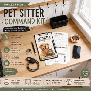 The image is a promotional poster for a "Pet Sitter Command Kit" that includes a clipboard, a dog and cat image, and various pet care items such as a bowl, a phone, and a pen.