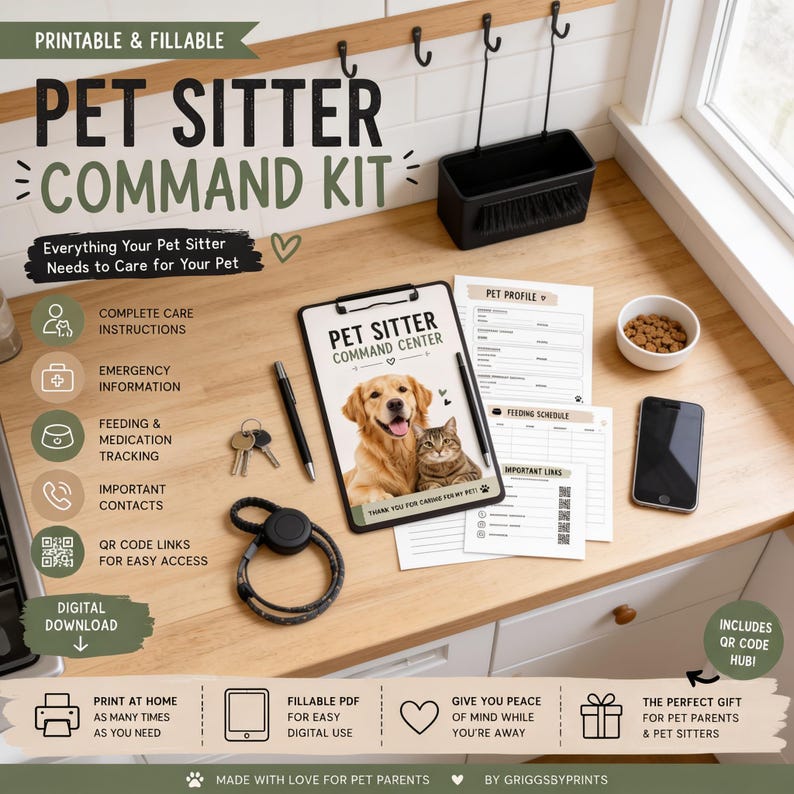 The image is a promotional poster for a "Pet Sitter Command Kit" that includes a clipboard, a dog and cat image, and various pet care items such as a bowl, a phone, and a pen.