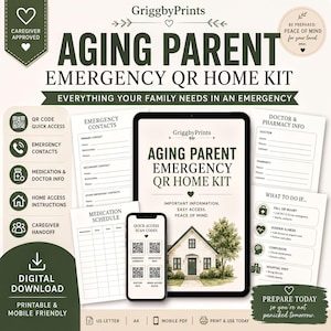 The image is an advertisement for a caregiver emergency kit designed to help aging parents during emergencies. It includes a tablet, a mobile phone, and a handout with instructions and information. The kit is intended to provide everything a family needs in an emergency, such as emergency contacts, medication, and home access instructions. The kit is also designed to promote peace of mind for caregivers.