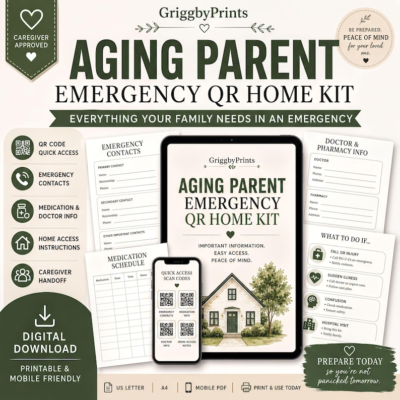 The image is an advertisement for a caregiver emergency kit designed to help aging parents during emergencies. It includes a tablet, a mobile phone, and a handout with instructions and information. The kit is intended to provide everything a family needs in an emergency, such as emergency contacts, medication, and home access instructions. The kit is also designed to promote peace of mind for caregivers.